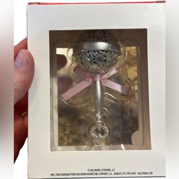 Hallmark Baby’s First Christmas Metal Rattle Dated Ornament Pink Ribbon NIB - Picture 2 of 5